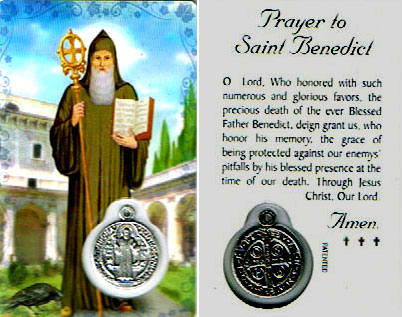 St Benedict Laminated Prayer Card with Medal | Discount Catholic Products
