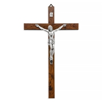 Italian Burl Wood and Antique Silver Crucifix - 12-Inch