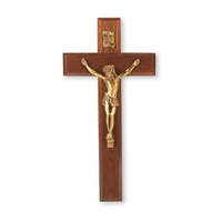 Dark Walnut Wall Crucifix with Gold Corpus - 10-Inch