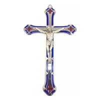 Italian Blue Enamel Metal Crucifix - 7-Inch