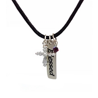 Blessed Pendant with Cross and Crystal on Black Cord