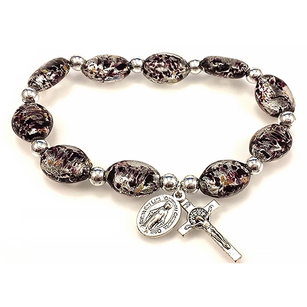 Black Imitation Murano Glass Stretch Rosary Bracelet