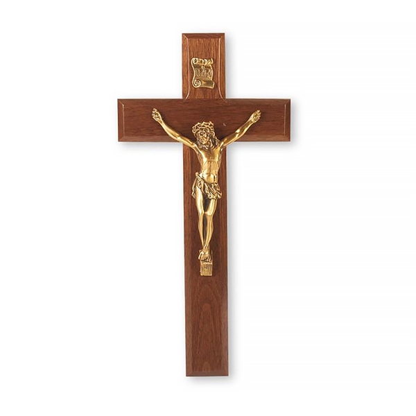 Dark Walnut Wall Crucifix with Gold Corpus - 10-Inch